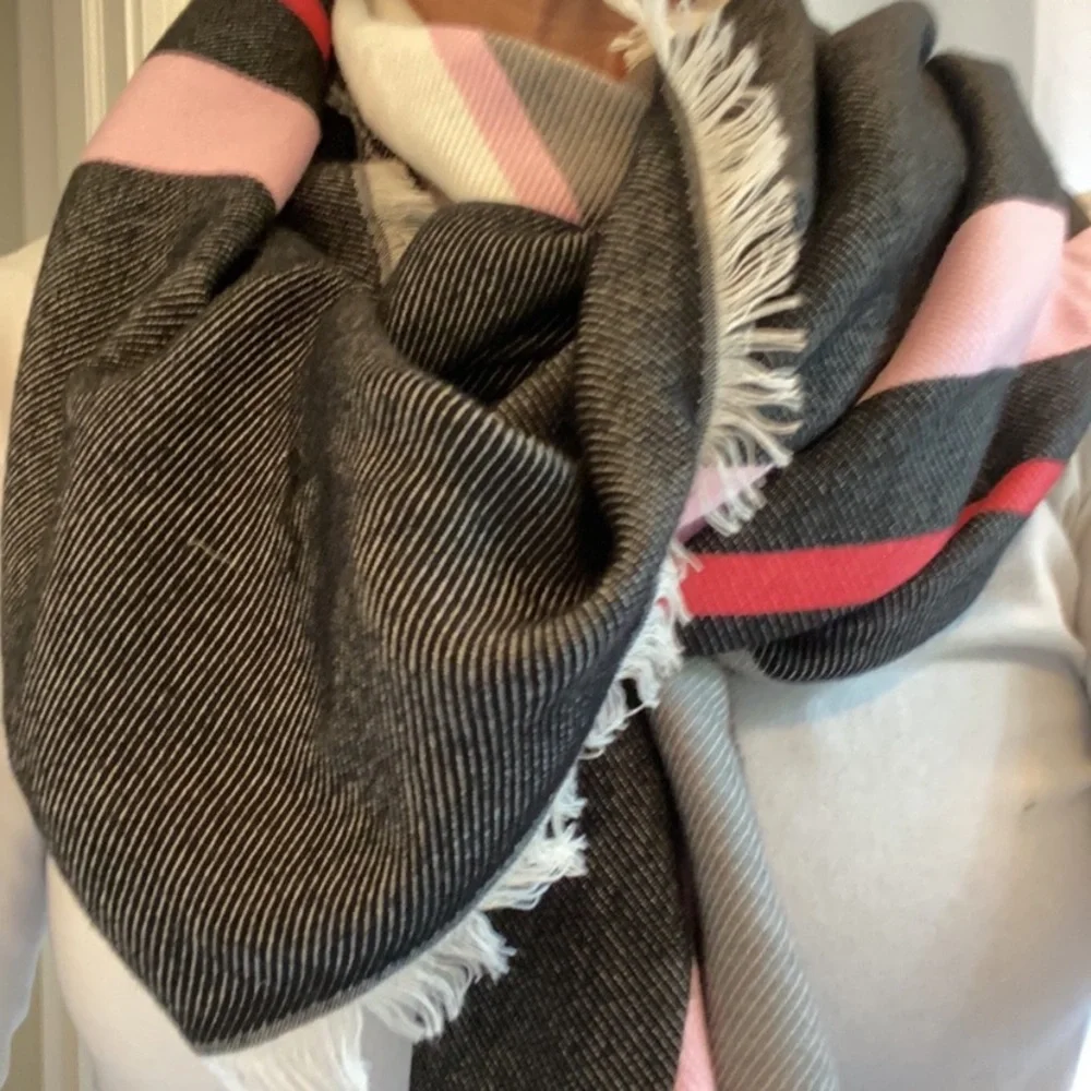 Black pink white oversized plaid blanket scarf 50” x 50” EUC